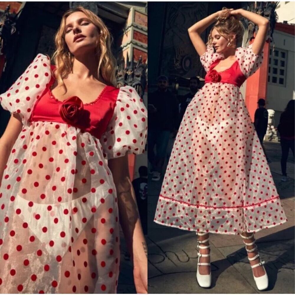 Nwt For Love & Lemons Rhoda White & Red Polka Dot Sheer Maxi Dress Size Xs